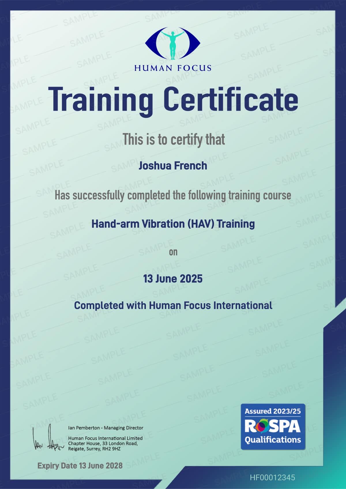 Hand arm Vibration (HAV) Training Certificate