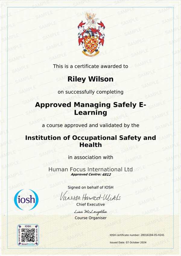 IOSH Approved Managing Safely e-Learning Certificate