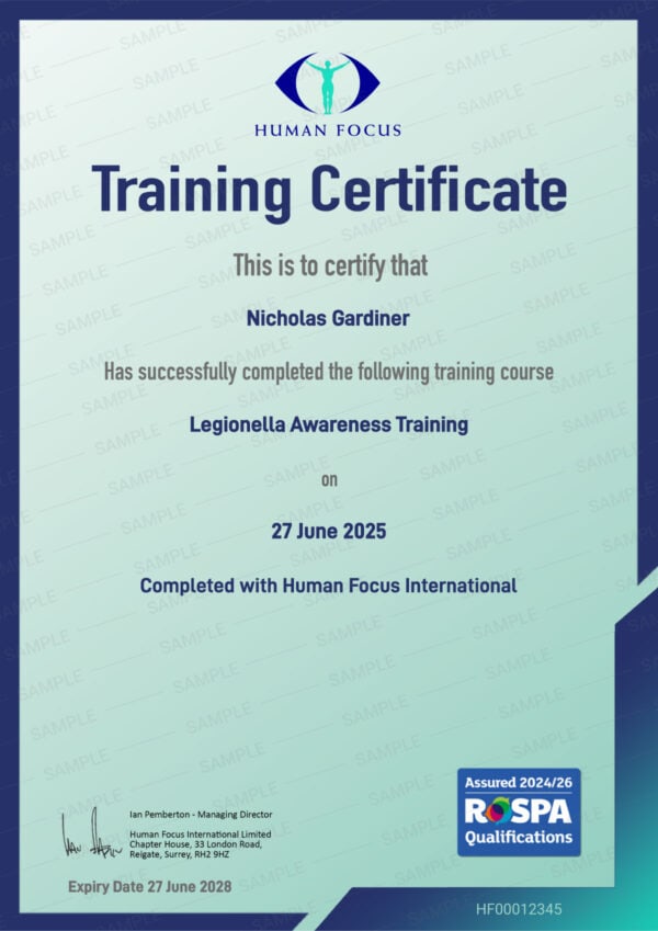 Legionella Awareness Training Course Certificate