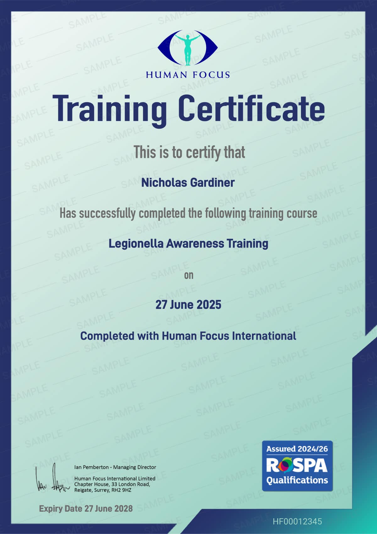 Legionella Awareness Training Course Certificate
