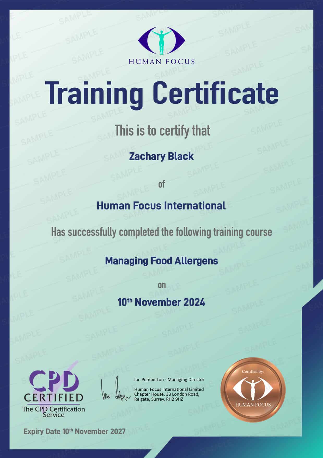 managing food allergens training course certificate