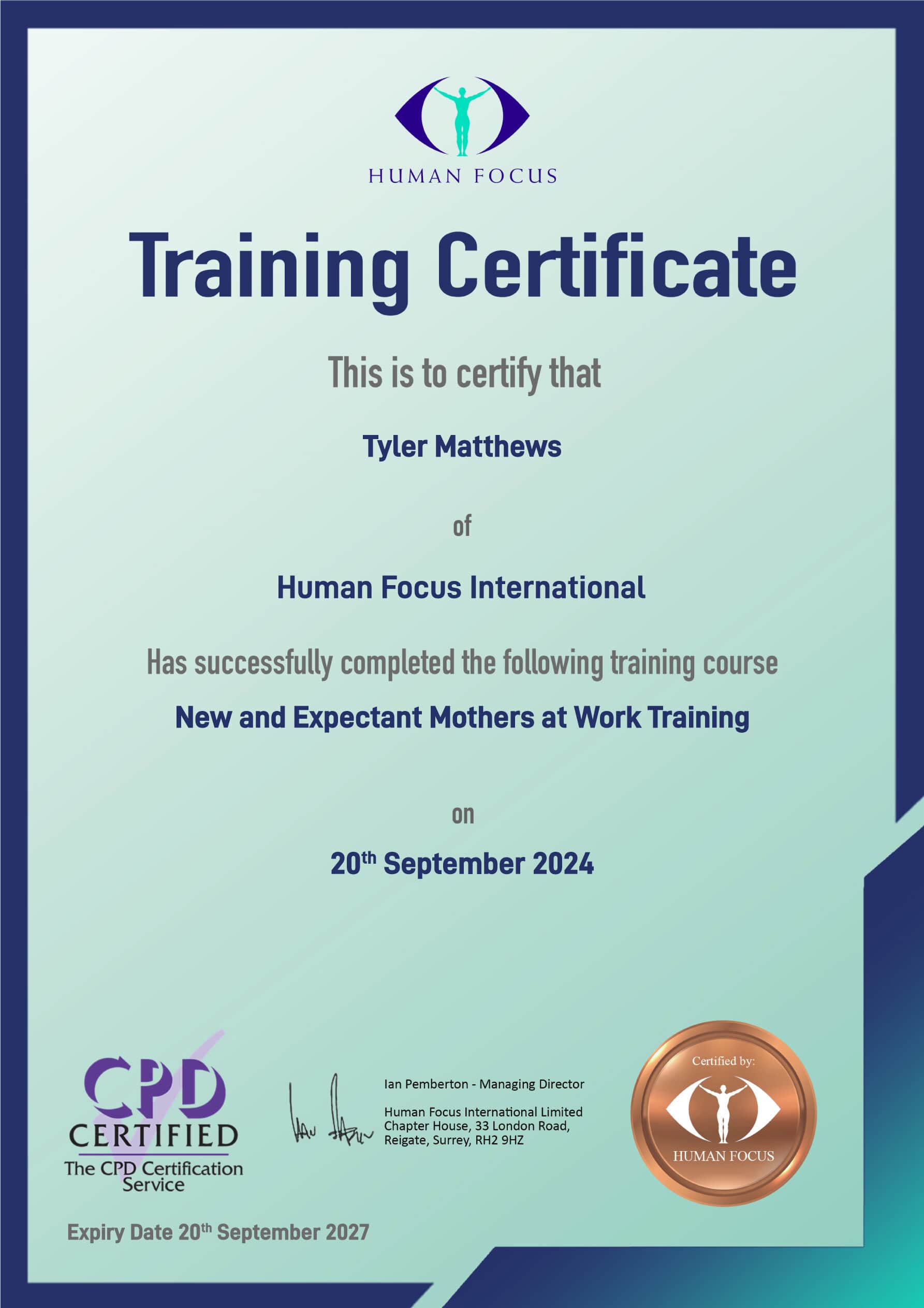 new and expectant mothers at work training certificate