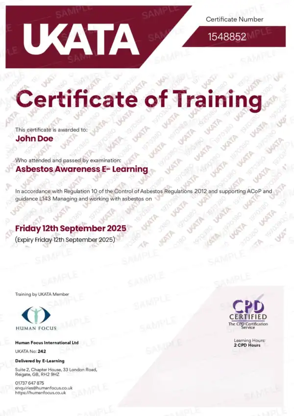 Asbestos Awareness (UKATA) e-Learning Course Certificate