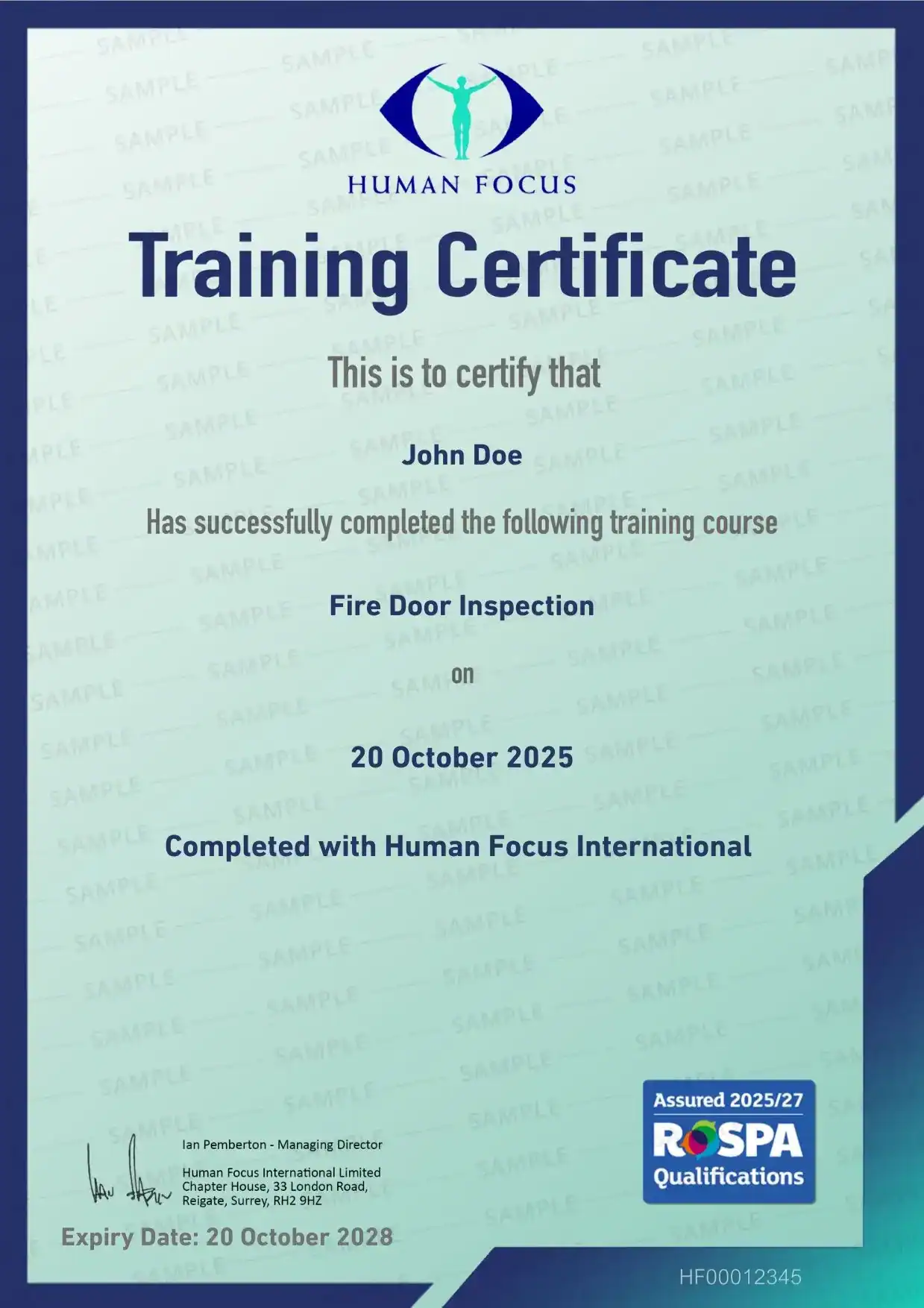 Fire Door Inspection Course Certificate 2025-27