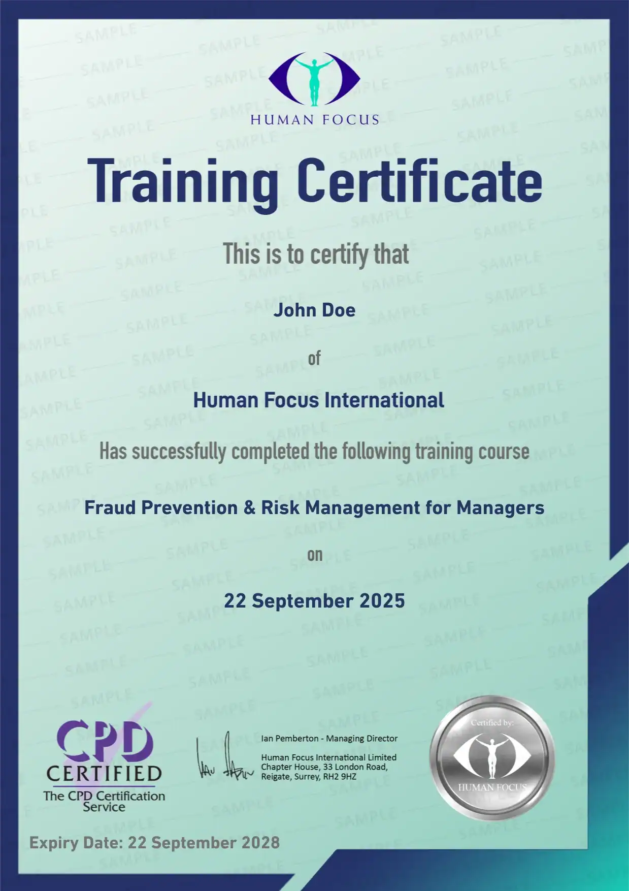 Fraud Prevention and Risk Management for Managers Training Certificate